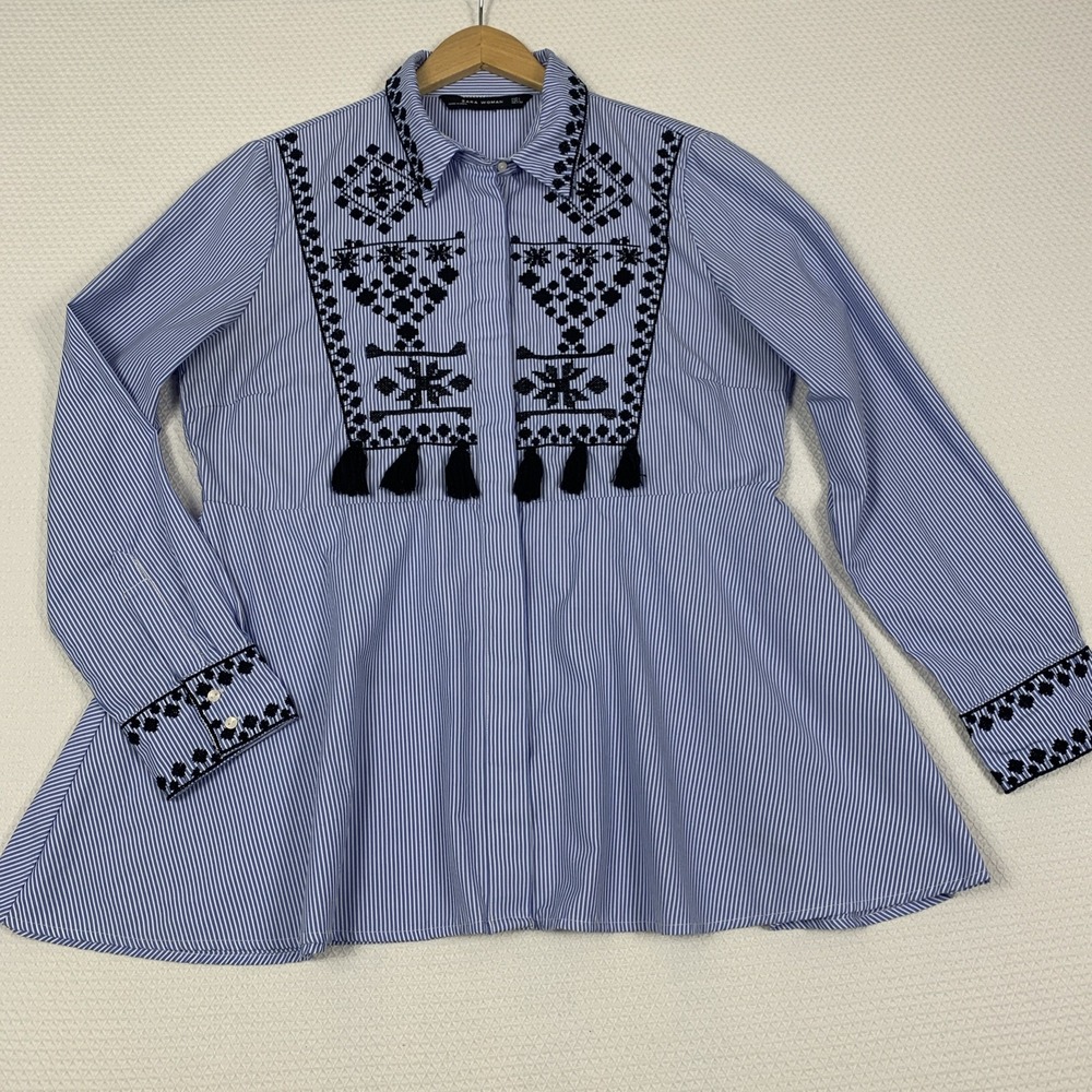 Zara Blue White Striped Peplum Blouse Womens Large L Embroidered Tassels